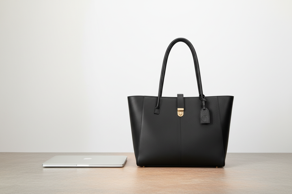 The Conscience Tote — size reference with MacBook